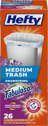 Hefty 8 Gallon Medium Trash Bags, White, Fabuloso Lavender Scent, 26ct | Drawstring Closure, 8G Medium White Trash Bags for Bathrooms, Bedrooms, Home Offices, Scented, Continuous Odor Control