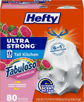 Hefty Ultra Strong 13 Gal Kitchen Trash Bags, Fabuloso Watermelon, 80ct | 13G Tall White Trash Bags with Drawstrings for Kitchen and Home Use, Resists Leaks, Punctures, Rips, Continuous Odor Control