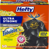 Hefty Ultra Strong 30 Gal Large Trash Bags, Black, Fabuloso Lemon, 50ct | 30G Large Black Trash Bags with Drawstrings, Resists Leaks, Punctures, Tears, Continuous Odor Control, Multipurpose Uses