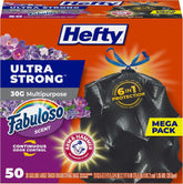 Hefty Ultra Strong 30 Gal Large Trash Bags, Black, Fabuloso Lavender, 50ct | 30G Large Black Trash Bags with Drawstrings, Resists Leaks, Punctures, Tears, Continuous Odor Control, Multipurpose Uses