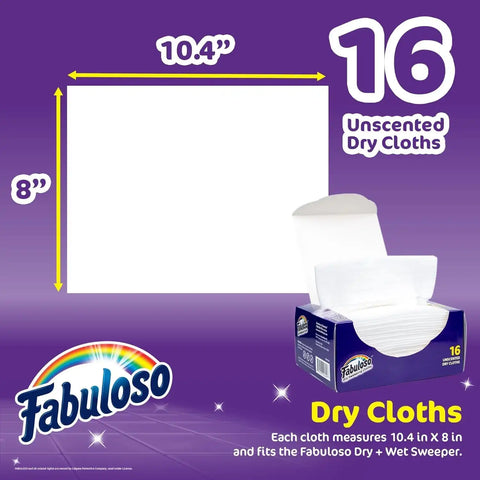 Fabuloso Dry Cloths Disposable Sweeping Pads, 10.4 x 8 Inch, 16 Ct, 2-Pk | Unscented disposable design, for use with Fabuloso Dry and Wet Sweeper, traps dirt, dust, and hair