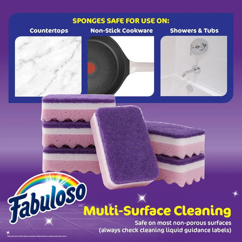 Fabuloso Scratch-Free Kitchen Dish Sponges, Purple, 6 Count, 2-Pack | Reversible pad and sponge combo, safe on nonstick cookware, ideal for everyday cleanup