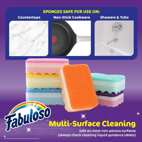 Fabuloso Scratch-Free Kitchen Dish Sponges, Rainbow, 6 Count, 2-Pack | Reversible pad and sponge combo, safe on nonstick cookware, ideal for everyday cleanup