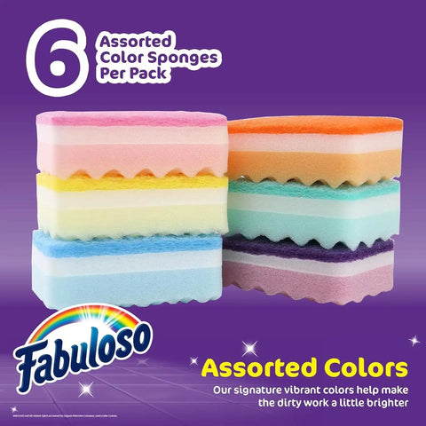 Fabuloso Scratch-Free Kitchen Dish Sponges, Rainbow, 6 Count, 2-Pack | Reversible pad and sponge combo, safe on nonstick cookware, ideal for everyday cleanup