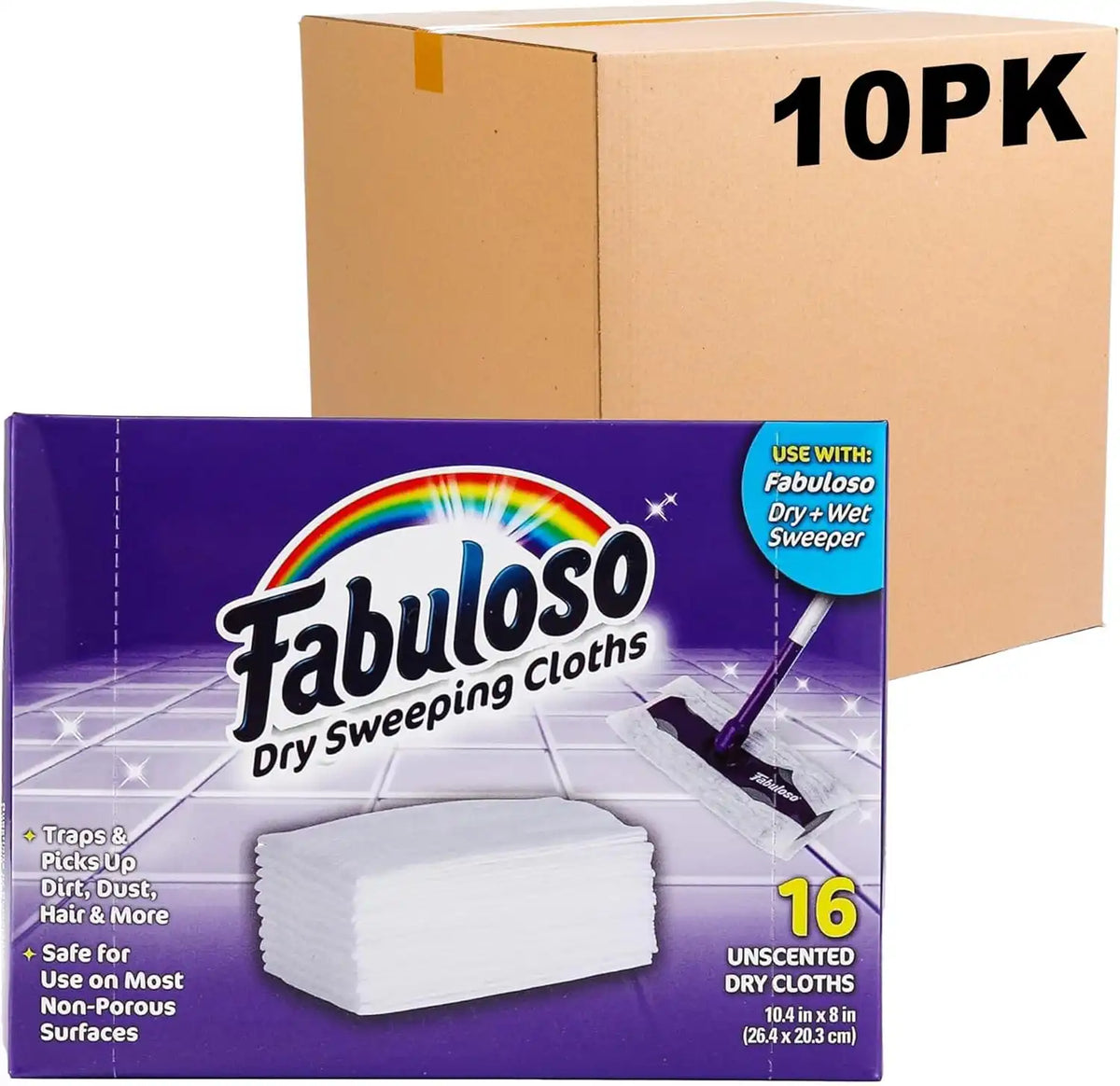Fabuloso Dry Cloths Disposable Sweeping Pads, 10.4 x 8 Inch, 16 Ct, 10-Pk | Unscented disposable design, for use with Fabuloso Dry and Wet Sweeper, traps dirt, dust, and hair