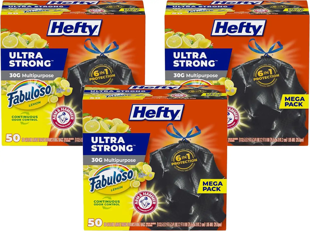Hefty Ultra Strong 30 Gallon Trash Bags, Large Size, Multipurpose, Break Resistant Drawstring Closure, Resists Leaks, Punctures, and Tears, Black, Fabuloso Lemon Scent, 50 Bags (Pack of 3)