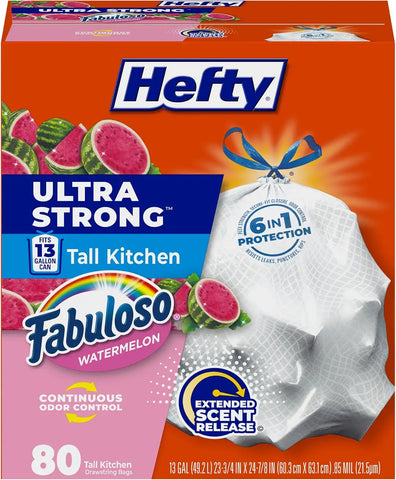 Hefty Ultra Strong 13 Gal Kitchen Trash Bags, Fabuloso Watermelon, 80ct | 13G Tall White Trash Bags with Drawstrings for Kitchen and Home Use, Resists Leaks, Punctures, Rips, Continuous Odor Control