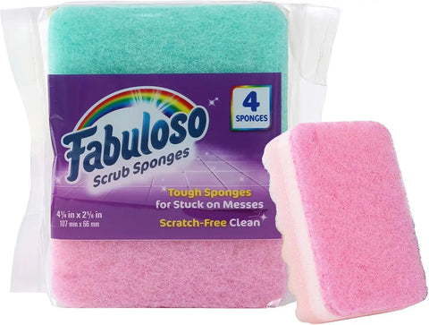 Fabuloso Scratch-Free Kitchen Dish Sponges, Rainbow Colors, 4 Count | Cellulose scrubber, scouring pad, tough messes, dishes pots pans and counters