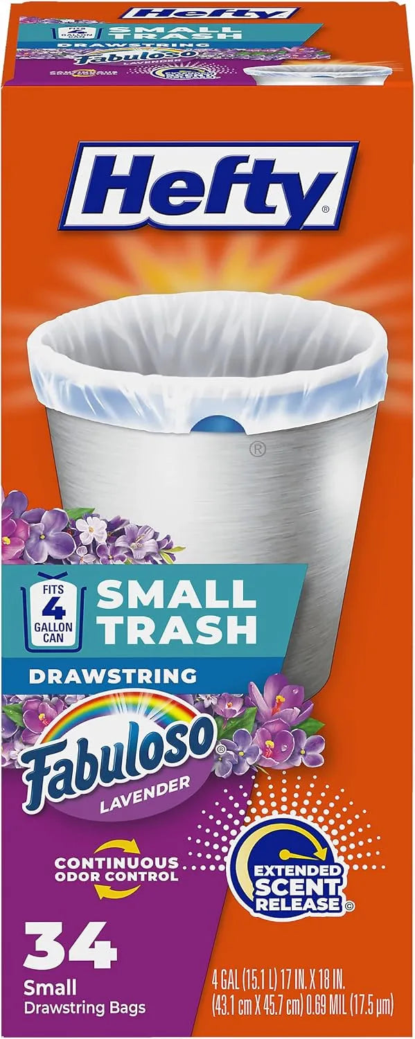 Hefty 4 Gallon Small Trash Bags, White, Fabuloso Lavender Scent, 34ct | Drawstring Closure, 4G Small White Trash Bags for Bathrooms, Dorm Rooms, Home Offices, Scented, Continuous Odor Control