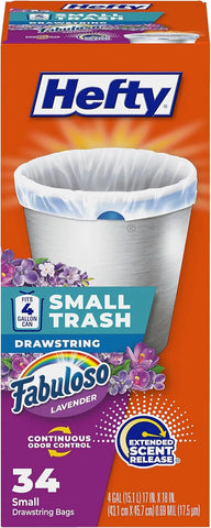 Hefty 4 Gallon Small Trash Bags, White, Fabuloso Lavender Scent, 34ct | Drawstring Closure, 4G Small White Trash Bags for Bathrooms, Dorm Rooms, Home Offices, Scented, Continuous Odor Control