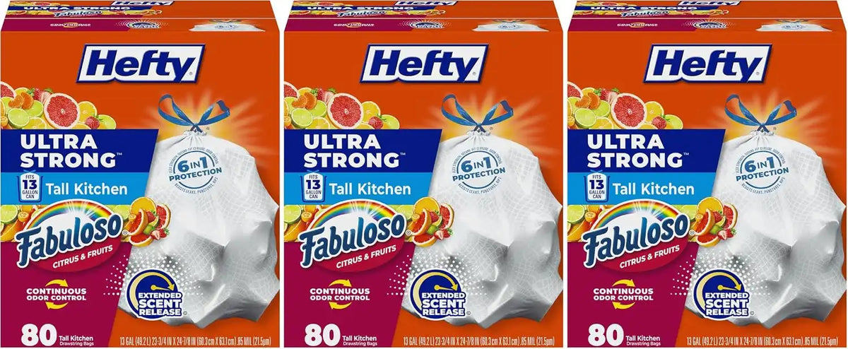Hefty Ultra Strong 13 Gallon Trash Bags, Tall Kitchen Trash Bags 13 Gallon Size, White, Fabuloso Citrus & Fruits Scent, 80 Bags (Pack of 3)