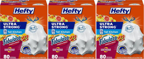 Hefty Ultra Strong 13 Gallon Trash Bags, Tall Kitchen Trash Bags 13 Gallon Size, White, Fabuloso Citrus & Fruits Scent, 80 Bags (Pack of 3)