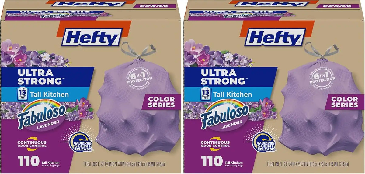 Hefty Ultra Strong 13 Gallon Trash Bags, Tall Kitchen Trash Bags 13 Gallon Size, Resist Leaks, Punctures, and Rips, Continuous Odor Control, Purple, Fabuloso Scent,(Pack of 220)