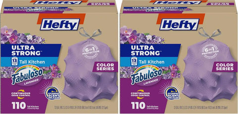 Hefty Ultra Strong 13 Gallon Trash Bags, Tall Kitchen Trash Bags 13 Gallon Size, Resist Leaks, Punctures, and Rips, Continuous Odor Control, Purple, Fabuloso Scent,(Pack of 220)