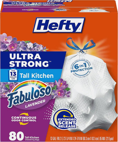 Hefty Ultra Strong 13 Gal Kitchen Trash Bags, Fabuloso Lavender, 80ct | 13G Tall White Trash Bags with Drawstrings for Kitchen and Home Use, Resists Leaks, Punctures, Rips, Continuous Odor Control