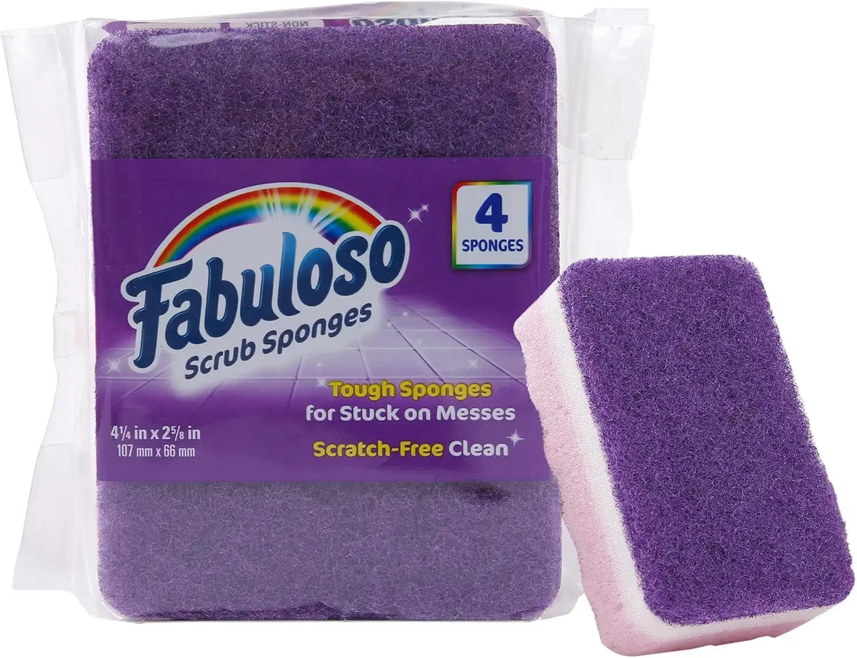 Fabuloso Scratch-Free Kitchen Dish Sponges, Purple, 4 Count | Cellulose scrubber with scouring pad tackles tough messes on dishes, pots, pans, and counters
