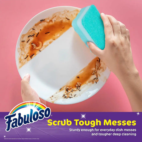 Fabuloso Scratch-Free Kitchen Dish Sponges, Rainbow, 12 Count Pack | Reversible pad and sponge combo, safe on nonstick cookware, ideal for everyday cleanup