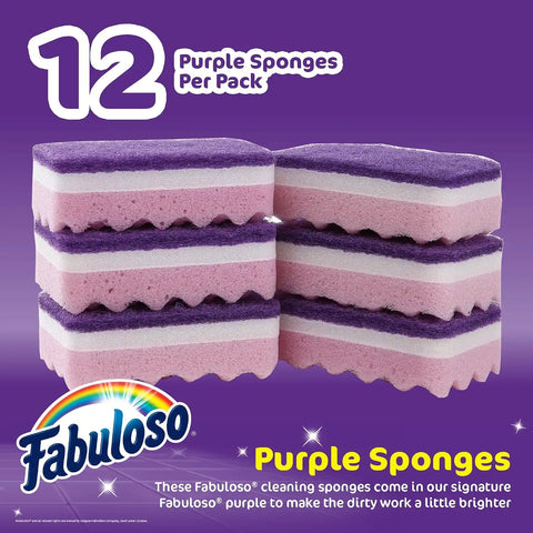 Fabuloso Scratch-Free Kitchen Dish Sponges, Purple, 12 Count Pack | Reversible pad and sponge combo, safe on nonstick cookware, ideal for everyday cleanup