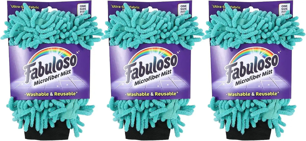 Fabuloso Microfiber Cleaning Mitt Glove, Teal, One Size, 3-Pack | Lint-free, scratch-free design, for dusting furniture, blinds, shelves, and car interiors, reusable daily