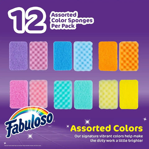 Fabuloso Scratch-Free Kitchen Dish Sponges, Rainbow, 12 Count Pack | Reversible pad and sponge combo, safe on nonstick cookware, ideal for everyday cleanup