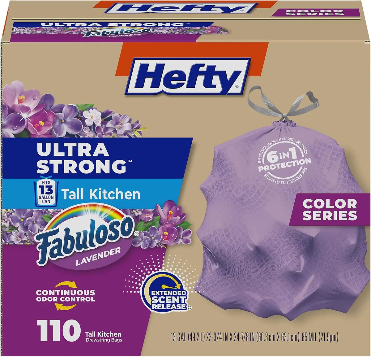 Hefty Ultra Strong 13 Gal Purple Kitchen Trash Bags, Lavender Scent, 110ct | Bulk Pack, 13G Tall Purple Trash Bags with Drawstrings for Kitchen, Resists Leaks, Continuous Odor Control, Fabuloso Lavender