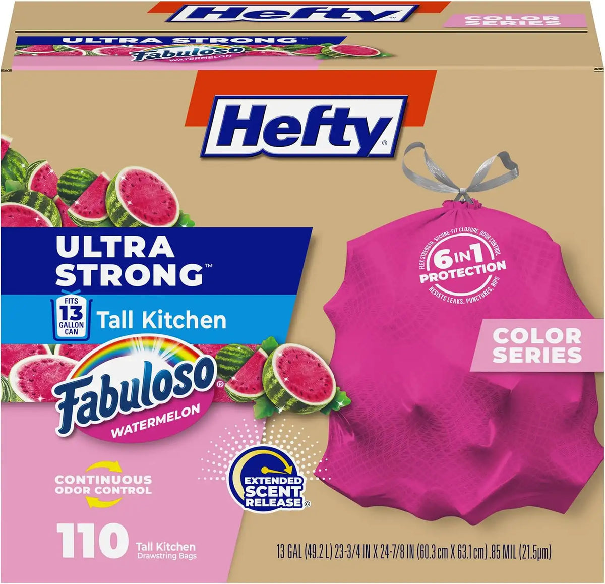 Hefty Ultra Strong 13 Gal Pink Kitchen Trash Bags, Watermelon Scent, 110ct | Bulk Pack, 13G Tall Pink Trash Bags with Drawstrings for Kitchen, Resists Leaks, Continuous Odor Control, Fabuloso Watermelon