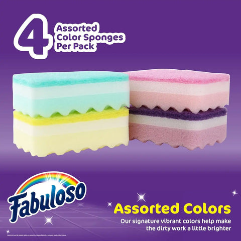 Fabuloso Scratch-Free Kitchen Dish Sponges, Rainbow Colors, 4 Count | Cellulose scrubber, scouring pad, tough messes, dishes pots pans and counters