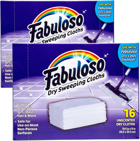Fabuloso Dry Cloths Disposable Sweeping Pads, 10.4 x 8 Inch, 16 Ct, 2-Pk | Unscented disposable design, for use with Fabuloso Dry and Wet Sweeper, traps dirt, dust, and hair
