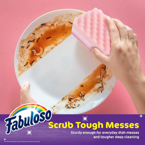 Fabuloso Scratch-Free Kitchen Dish Sponges, Rainbow Colors, 4 Count | Cellulose scrubber, scouring pad, tough messes, dishes pots pans and counters