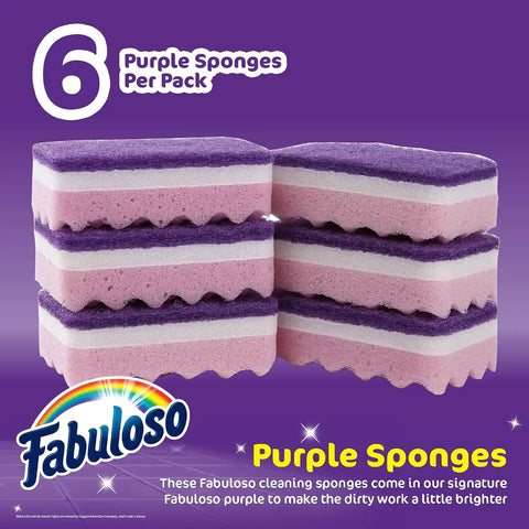 Fabuloso Scratch-Free Kitchen Dish Sponges, Purple, 6 Count | Reversible pad and sponge combo, safe on nonstick cookware, ideal for everyday cleanup