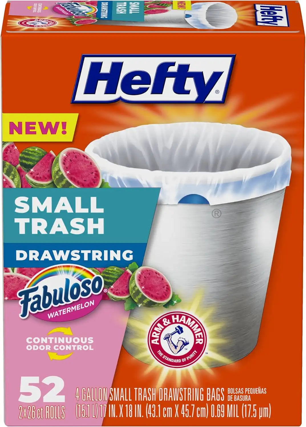 Hefty 4 Gallon Small Trash Bags, White, Fabuloso Watermelon Scent, 52ct | Drawstring Closure, 4G Small White Trash Bags for Bathrooms, Dorm Rooms, Home Offices, Scented, Continuous Odor Control
