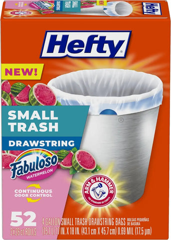 Hefty 4 Gallon Small Trash Bags, White, Fabuloso Watermelon Scent, 52ct | Drawstring Closure, 4G Small White Trash Bags for Bathrooms, Dorm Rooms, Home Offices, Scented, Continuous Odor Control