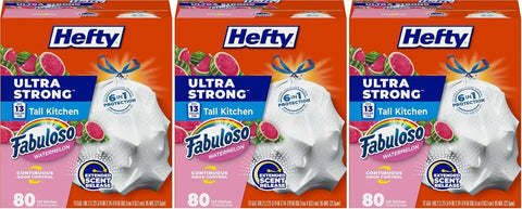 Hefty Ultra Strong 13 Gallon Trash Bags, Tall Kitchen Trash Bag's 13 Gallon Size, Resist Leaks, Punctures, and Rips, Continuous Odor Control, White, Fabuloso Watermelon Scent, 80 Bag's (Pack of 3)