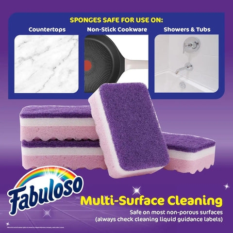Fabuloso Scratch-Free Kitchen Dish Sponges, Purple, 4 Count | Cellulose scrubber with scouring pad tackles tough messes on dishes, pots, pans, and counters
