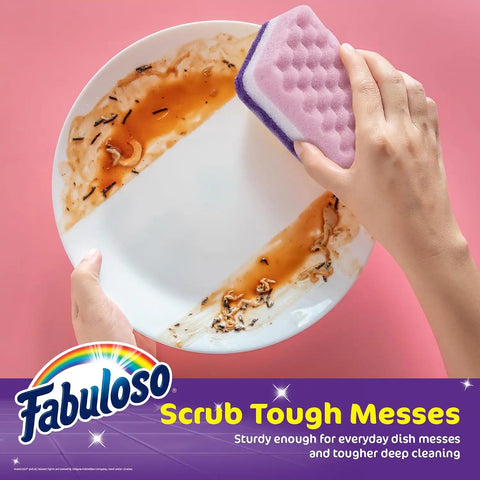 Fabuloso Scratch-Free Kitchen Dish Sponges, Purple, 12 Count Pack | Reversible pad and sponge combo, safe on nonstick cookware, ideal for everyday cleanup