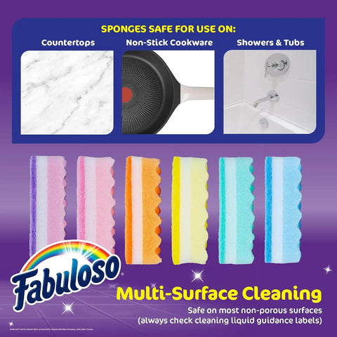 Fabuloso Scratch-Free Kitchen Dish Sponges, Rainbow, 12 Count Pack | Reversible pad and sponge combo, safe on nonstick cookware, ideal for everyday cleanup