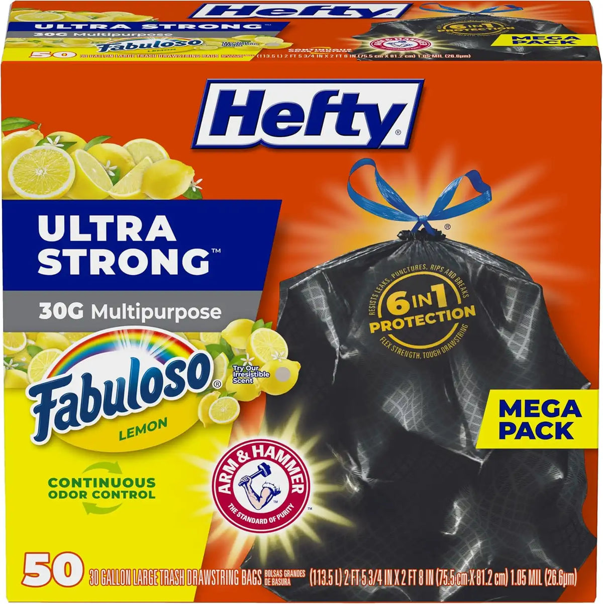 Hefty Ultra Strong 30 Gal Large Trash Bags, Black, Fabuloso Lemon, 50ct | 30G Large Black Trash Bags with Drawstrings, Resists Leaks, Punctures, Tears, Continuous Odor Control, Multipurpose Uses