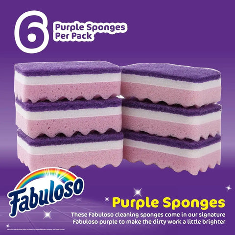 Fabuloso Scratch-Free Kitchen Dish Sponges, Purple, 6 Count, 2-Pack | Reversible pad and sponge combo, safe on nonstick cookware, ideal for everyday cleanup
