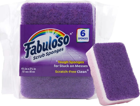 Fabuloso Scratch-Free Kitchen Dish Sponges, Purple, 6 Count | Reversible pad and sponge combo, safe on nonstick cookware, ideal for everyday cleanup