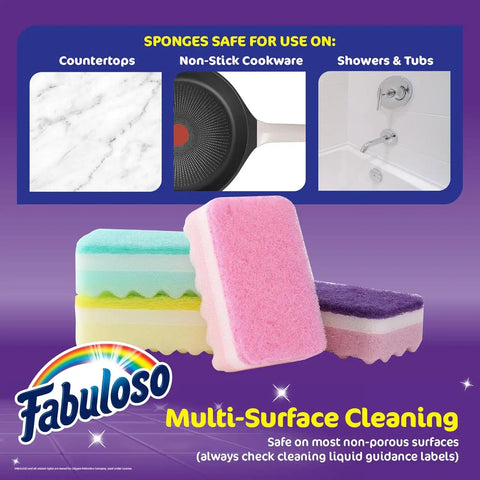 Fabuloso Scratch-Free Kitchen Dish Sponges, Rainbow Colors, 4 Count | Cellulose scrubber, scouring pad, tough messes, dishes pots pans and counters