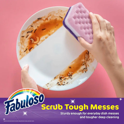 Fabuloso Scratch-Free Kitchen Dish Sponges, Purple, 4 Count | Cellulose scrubber with scouring pad tackles tough messes on dishes, pots, pans, and counters