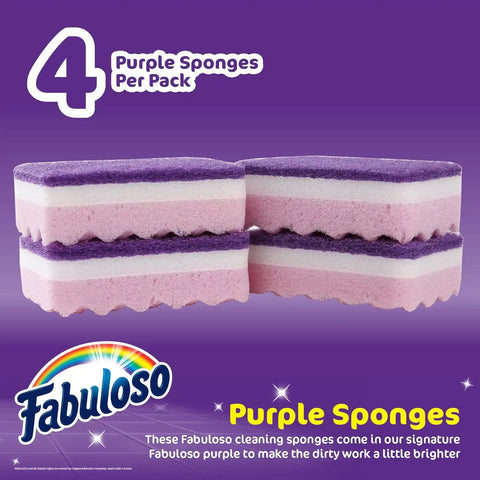 Fabuloso Scratch-Free Kitchen Dish Sponges, Purple, 4 Count | Cellulose scrubber with scouring pad tackles tough messes on dishes, pots, pans, and counters