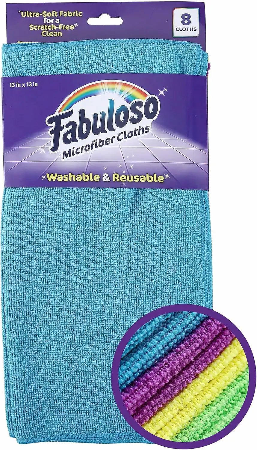 Fabuloso Microfiber Cleaning Cloths for Home & Car, 13x13, Purple, 8 Count | Lint-free, scratch-free, reusable rags for glass, kitchen, and wood; machine washable for repeated use
