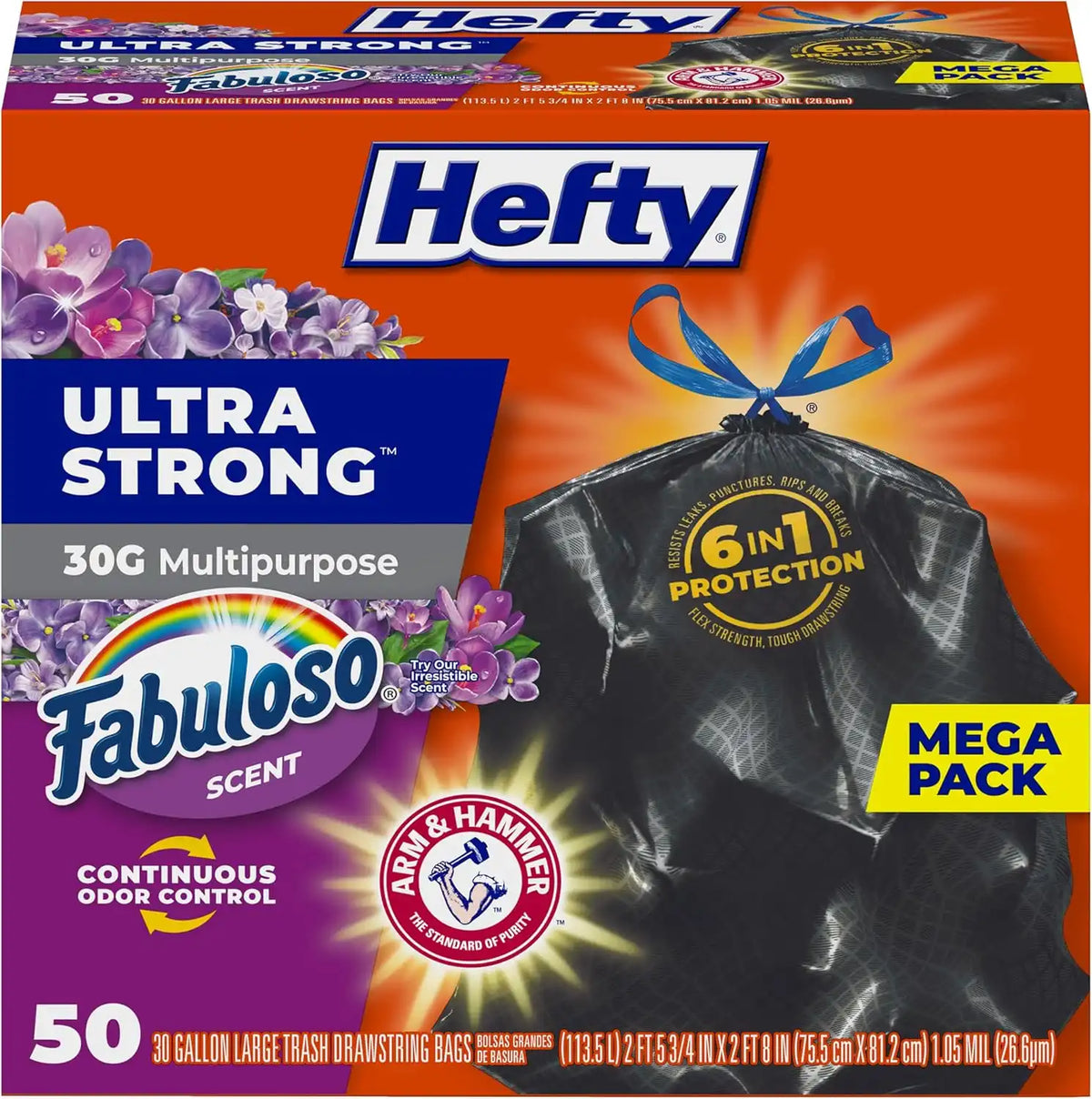 Hefty Ultra Strong 30 Gal Large Trash Bags, Black, Fabuloso Lavender, 50ct | 30G Large Black Trash Bags with Drawstrings, Resists Leaks, Punctures, Tears, Continuous Odor Control, Multipurpose Uses