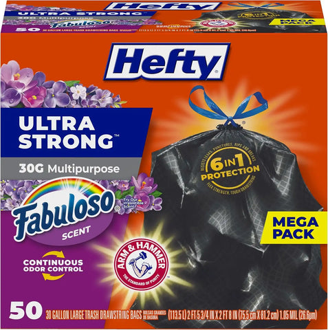 Hefty Ultra Strong 30 Gal Large Trash Bags, Black, Fabuloso Lavender, 50ct | 30G Large Black Trash Bags with Drawstrings, Resists Leaks, Punctures, Tears, Continuous Odor Control, Multipurpose Uses
