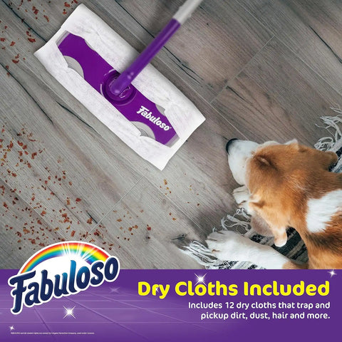 Fabuloso Dry and Wet Sweeper, 2-in-1 Floor Dust Mop for Dry Sweeping and Light Wet Mopping, Lightweight Aluminum Handle, Swivel Low-Profile Head, Bonus 12 Dry Pads Included - 12 Pack